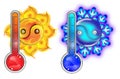 Thermometer with sun and snow, snowflake with the yin yang symbol